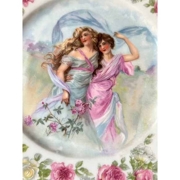 Victorian Limoges Porcelain Portrait Plate Women Roses - Picture 2 of 9